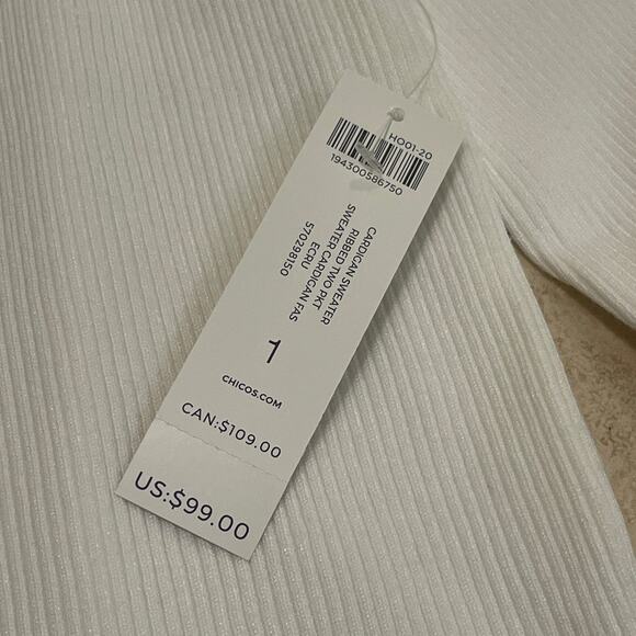 Chico’s M 8-10 White Cardigan Sweater | Ribbed Knit, Pockets, Button Cuffs NWT - Picture 8 of 9